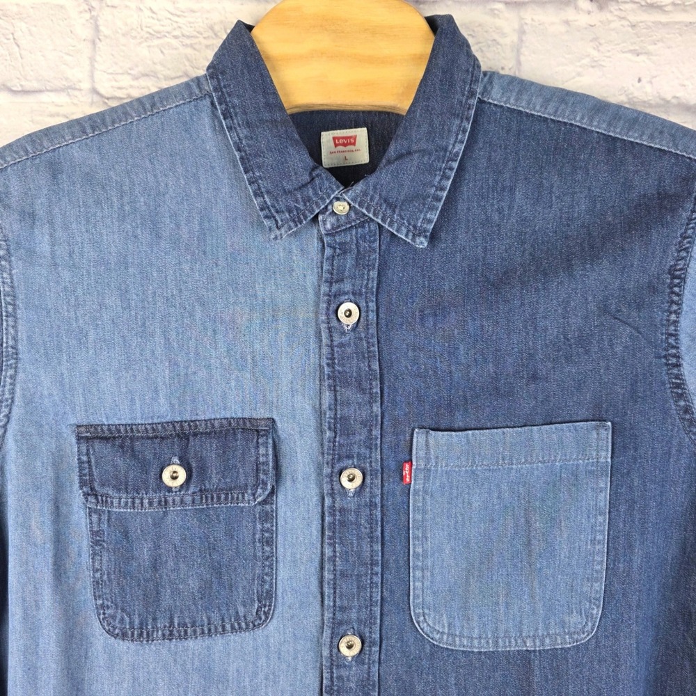 Levis Mens Blue Colorblock Denim Button Down Shirt Patchwork Western Size Large